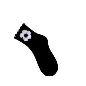 Black mid-calf cotton socks with white handmade 3D crochet flower and ruffle trim