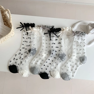 Sheer Mid Calf Socks Polka Dot Bowknot Ruffle Trim Nylon Mesh Japanese Sweet Style Women Girls Breathable Transparent