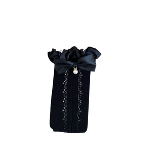 Chaussettes hautes noires en dentelle style japonais avec nœud et perle