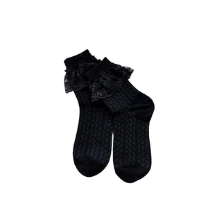 Chaussettes noires douces style Lolita avec dentelle et motif vague pour femme