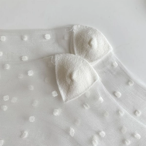 Close-up of white mesh socks with polka dots showing reinforced heel stitching detail