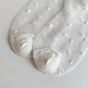 Detailed macro view of sheer white tulle socks with polka dot texture and reinforced toe