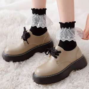 Women Lolita Socks Lace Trim Cotton Ribbed Embroidery Mid Calf Sweet Japanese JK Style Elegant Breathable Hosiery