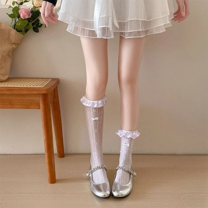 White lace knee-high socks with ruffles and bows in Lolita style for summer