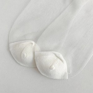Detail shot of white mesh sheer socks featuring reinforced toe for durability and comfort