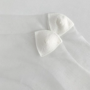 Close-up of white ultra-thin mesh socks featuring reinforced heel and breathable texture