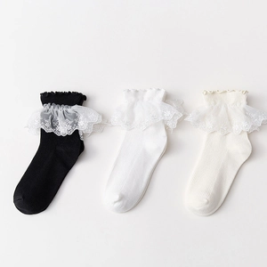 Detail of lace frill edges and floral embroidery on cotton crew socks in three colors