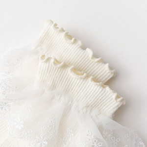 Detail of white cotton rib socks featuring floral lace trim and sweet ruffled edges