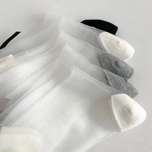 Close-up of sheer mesh socks featuring colorful heels and elegant ribbon bow details
