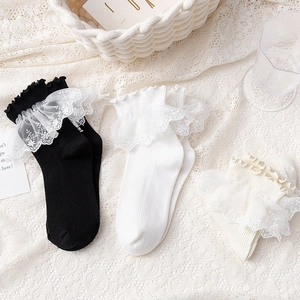 Japanese style white Lolita lace frill mid-calf socks for women in soft cotton