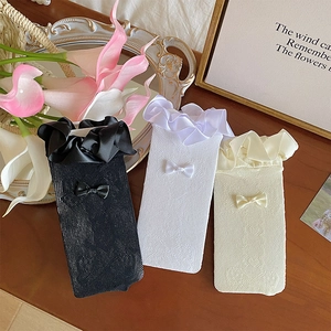 Lace mesh socks with heart patterns and satin bows in black, white and beige colors