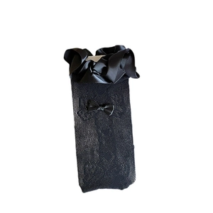 Breathable black lace mesh calf socks with satin ruffles and a sweet bow for women