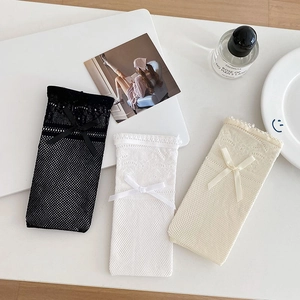 Lolita style lace socks with hollow mesh design and bow tie in three elegant colors