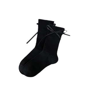 Chaussettes montantes JK noires de style japonais avec texture côtelée et nœuds