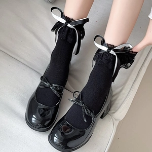 Chaussettes hautes noires style Lolita avec dentelle et nœud pour chaussures Mary Jane