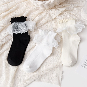 Detailed view of Lolita style lace trim on ribbed socks in white, beige, and black