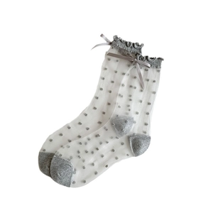 Sheer white polka dot mesh socks with grey ruffle trim and sweet ribbon bow detail