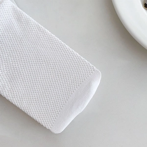 Detail view of white lace Lolita socks showing breathable hollow mesh and fine knit texture
