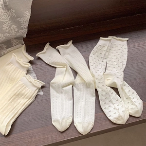 Detail of white mesh socks with heart patterns, lace trim, and breathable textures