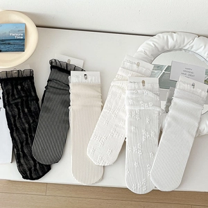 Sweet floral lace mesh socks set with ruffle cuffs in black, white and beige colors