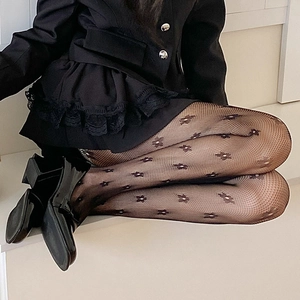 Detail of black floral lace fishnet tights featuring delicate mesh and small flower patterns