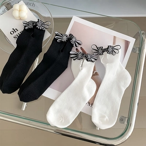 Women Crew Socks Cotton Blend Mesh Breathable Chinese Style Plate Buckle Hollow Out Retro Lolita Sweet Female