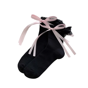 Chaussettes noires Lolita avec bordure en dentelle et nœuds en ruban rose doux