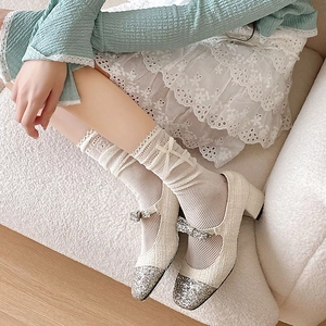 Women Lolita Lace Bow Mesh Calf Socks Hollow Out Breathable Nylon JK Sweet Harajuku Style Knee High Stockings