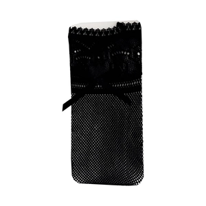 Japanese style black fishnet calf socks with sweet lace trim and small bow accents