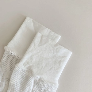 Détail des revers élastiques larges sur des chaussettes hautes en dentelle blanche à maille
