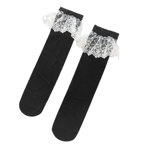 Lolita style black knee-high socks with sweet white lace trim and minimalist design