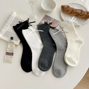 Five pairs of Japanese style bow cotton socks in neutral colors for balletcore aesthetic