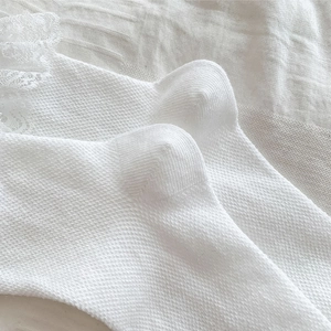Vue détaillée de la dentelle Lolita blanche et de la maille filet sur chaussettes d'été