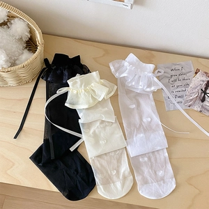 Sweet lace calf socks with heart pattern and bow ribbons in black white and beige