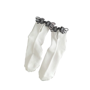 White crew socks with vintage Chinese frog button floral trim for Mary Jane shoes