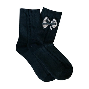 Japanese style black crew socks with cable knit patterns and ribbon bow detail