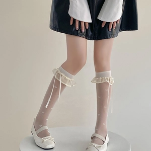 Detailed view of cream lace calf socks with heart jacquard and ribbon bow accents