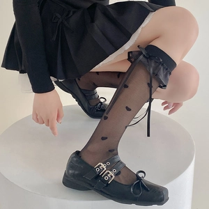 Lace mid-calf socks with heart patterns, bows, and double buckle Mary Jane shoes
