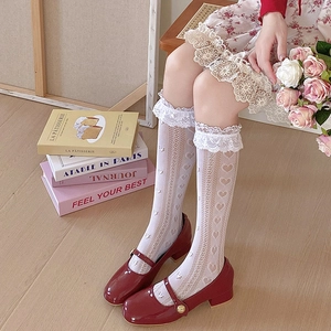 Chaussettes Hautes Mollet À Bordure En Dentelle Coeur Creux Maille Style JK Doux Nylon Respirant Pour Femmes