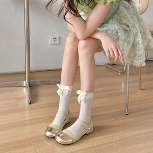 Women Lolita Calf Socks With Large Satin Bow Sweet Princess Style Nylon Solid Color Velvet Mid Tube Hosiery