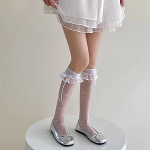 Detail of white lace calf socks with heart patterns, ruffles, and elegant ribbons
