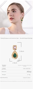 Detail view of emerald water-drop crystal earrings with vintage gold alloy finish