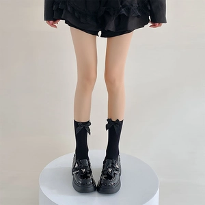 Japanese Lolita style mid-calf velvet socks with bows and black platform loafer shoes