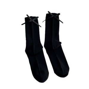 Japanese style black crew socks with vertical ribbed knit and sweet ribbon bow detail