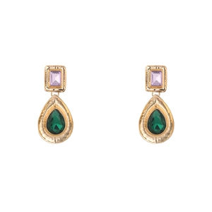 Vintage gold drop earrings with emerald water-drop crystals and purple rectangle stones