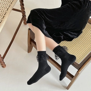 Lace trim ankle socks with vertical stripes in black style for Lolita footwear