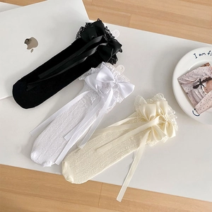 Sweet lace mesh calf socks with satin bows in black, white and beige colors