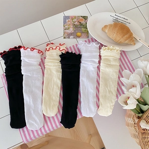 Dettaglio di calze con bordo a volant in toni pastello con maglia jacquard floreale