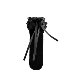 Lolita style black lace calf socks featuring elegant satin bows and decorative ribbons