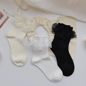 Women Cotton Crew Socks Ribbed Knit Vertical Stripes With Lace Trim Sweet Lolita Japanese Style